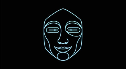 Glowing blue neon line art of a futuristic mask.