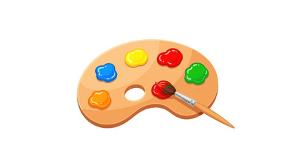 Wooden artists palette with colorful paints and a paintbrush.