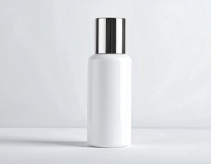 Blank white bottle with metallic cap, a simple and elegant product shot against a neutral background.