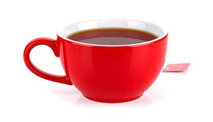 Red teacup filled with dark brown liquid, and a tea bag beside it