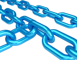Two intersecting, shiny, bright-blue metal chains