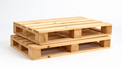 Two stacked light‑wood shipping pallets with slatted tops and forklift access, standard design for storage and transport on white background.