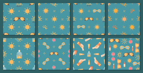 Seamless cartoon pattern of round sun shapes with sunscreen bottle, cream lotion, and sunblock for SPF protection. Sunglasses add a summer mood to this cosmetic set, logo elements and hold gestures