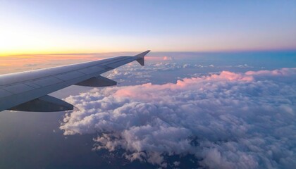 Obraz premium Airplane Wing Above Clouds at Sunrise