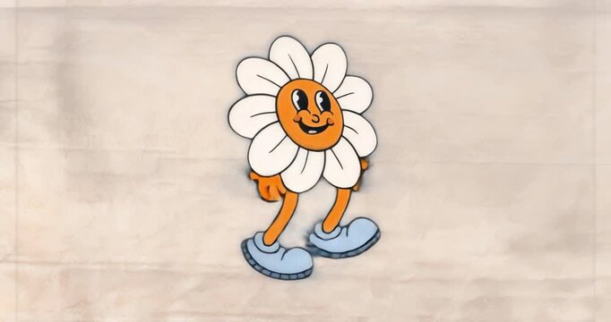 On animation start, daisy character dancing jaunty walking-in-place loop to entertain audience