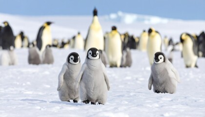 Cute penguin chicks in snowy landscape