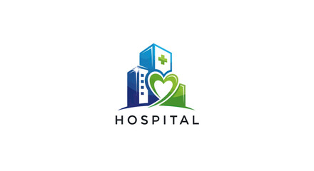 Hospital building logo with heart and cross symbols representing health and care.