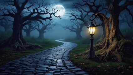 Fototapeta premium Ultra-Realistic Dark Forest with Winding Cobblestone Path, Fog, and Glowing Lantern in Gothic Horror Style 