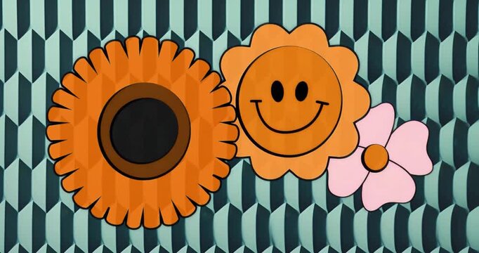 When starting playback trio of orange and pink flowers showing against cube backdrop for branding