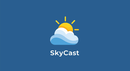 SkyCast weather application logo with sun and cloud icon.