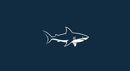 A stylized white shark silhouette swimming against a dark blue background.