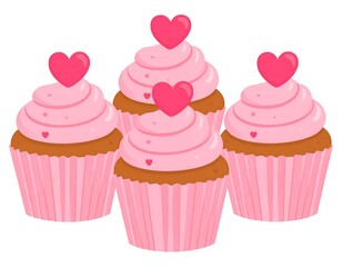 Four pink cupcakes with hearts