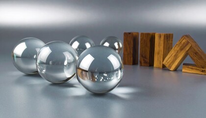 Chrome Spheres and Wooden Blocks on Gradient Background