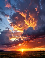 Fototapeta premium Dramatic sunset over a vast field, with vibrant cloudscapes and warm golden light illuminating the horizon.
