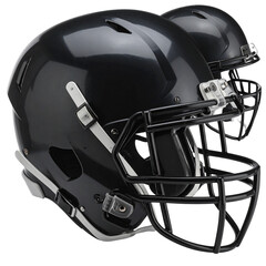 Fototapeta premium Two glossy dark protective headgear stand ready for action on the field of play.