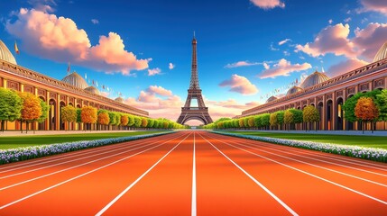 Paris Eiffel athletics stadium cityscape illustration. Eiffel tower and athletics stadium stand as landmark in Paris. Sports track, architecture, tourism, cityscape, landmark, travel, and