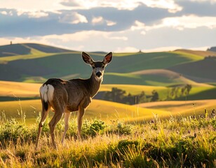 Naklejka premium A serene doe stands amidst golden hills, bathed in the warm light of a summer sunset.