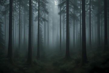 Obraz premium Ai generated:Dense Misty Forest with Tall Trees and Moss-Covered Ground