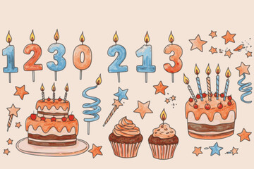 Burning number shaped Candles, spiral candles, cake, cupcake, stars. Hand drawn modern Vector illustration. Isolated design elements. Birthday celebration, party, anniversary concept