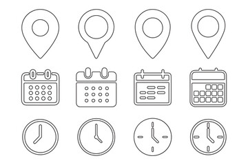 Vector set of date, time, and location icons including calendar, clock, pin, and map symbols. Clean and minimal line style, perfect for Graphic design, apps, infographics, or web use.