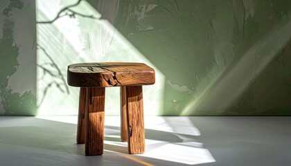 Rustic Wooden Stool in Sunlight Against Limewash Wall