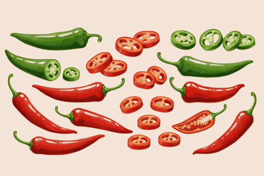 Various red, green hot chili Peppers. Whole, sliced, cut. Top, side view. Different types. Hand drawn modern Vector illustration. Farm market, natural eco product concept. Isolated design elements