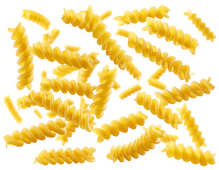 Pasta fusilli spirals falling on a black backdrop, for recipe or food advertisement