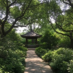 Obraz premium Stone path leads to a traditional gazebo in a lush green garden