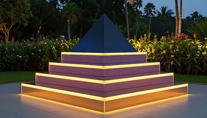 Illuminated Acrylic Pyramid Steps in a Garden at Night