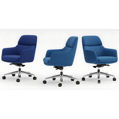 Obraz premium Three blue office chairs isolated on white background