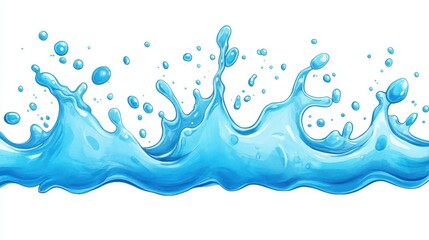 Blue water splash wave abstract illustration. Fresh liquid droplets move with dynamic motion. Creative art, vibrant background, aquatic element, decorative design, refreshing template, modern vector.