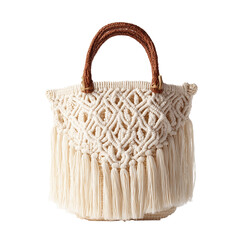 Elegant Macrame Bag With Fringe Detailing And Braided Handles On Transparent Background