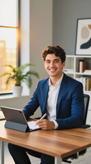 Fototapeta premium A young man in a blue suit smiles while sitting at a wooden desk, writing on a notepad with a pen and using a tablet.