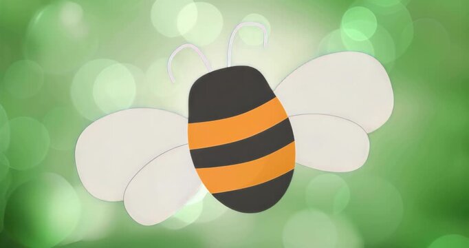 After initial pause, stylized bee starting gentle wing flapping to simulate flight over green bokeh