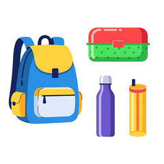 Blue backpack with yellow accents, lunchbox, and water bottles isolated on white background