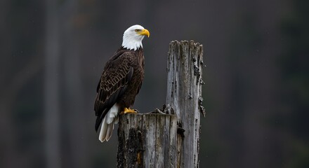 A majestic bald eagle perches atop a weathered wooden post, surveying its domain. The eagle's piercing gaze and powerful presence capture the spirit of freedom and strength.