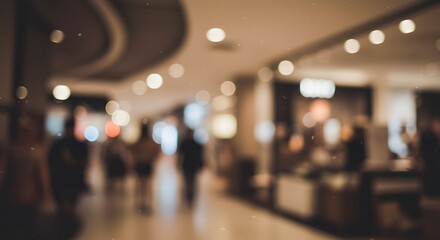An Interior view of shopping mall with lights and blurry background