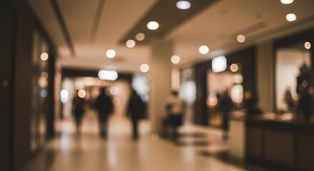 Blurred image of a modern shopping mall interior, with people walking in the corridor under the lights