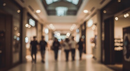 Blurred image of people walking in a modern shopping mall, emphasizing the atmosphere of commercial space