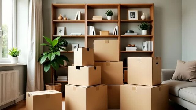 Moving boxes in room with slow zoom in shows cardboard boxes stacked high in home. Moving boxes convey change and relocation, home is tidy and decorated.