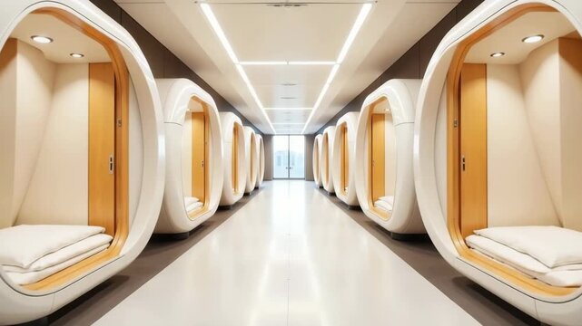 Modern capsule hotel with sleek white sleeping pods lining corridor. Modern capsule hotel design features rows of cozy rooms, offering guests personal space, privacy, and convenient accommodation.