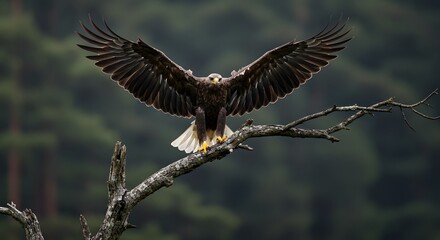 Obraz premium An majestic eagle poised with its wings spread wide atop a bare tree branch against a blurred backdrop. The eagle stands out with its commanding presence