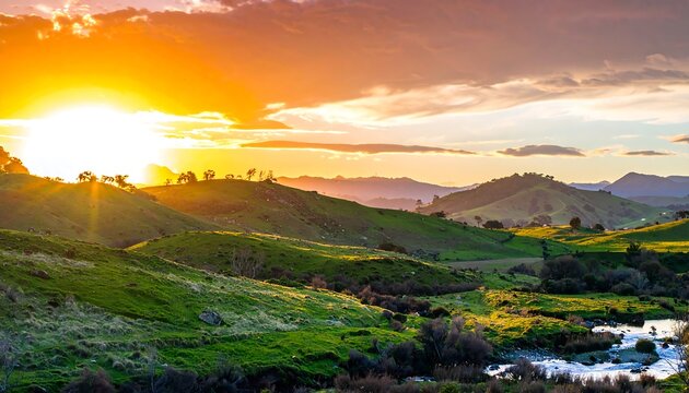 Lush rolling hills at sunset