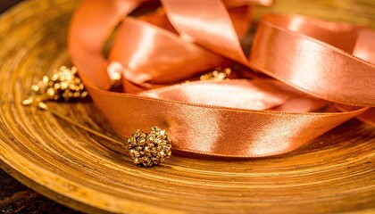 Rose Gold Ribbons and Jewelry on Wooden Plate