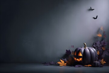 Dark halloween background with bats, pumpkins and candles. Blank space for text or product placement. Scary halloween backdrop with pumpkins. Wallpaper. Copy space. 