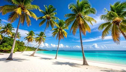 Fototapeta premium Serene tropical beach scene showcases swaying palm trees on pristine white sand, turquoise water, and a vibrant blue sky.