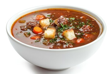 A hearty bowl of rich, red vegetable and meat soup, garnished with croutons and fresh herbs, sits on a white background.  The soup appears thick and flavorful