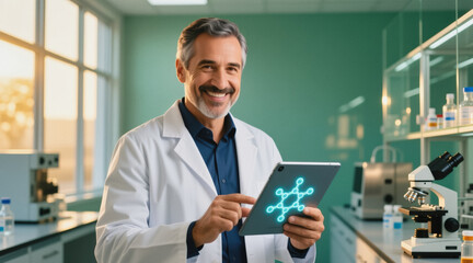 A smiling middle-aged man in a white lab coat holds a tablet displaying molecular graphics in a well-lit laboratory.