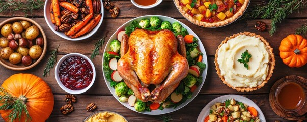 A beautifully arranged Thanksgiving feast featuring a roasted turkey, various sides, desserts, and seasonal decorations on a rustic wooden table.