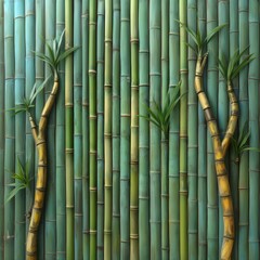 Textured bamboo wall with leaves